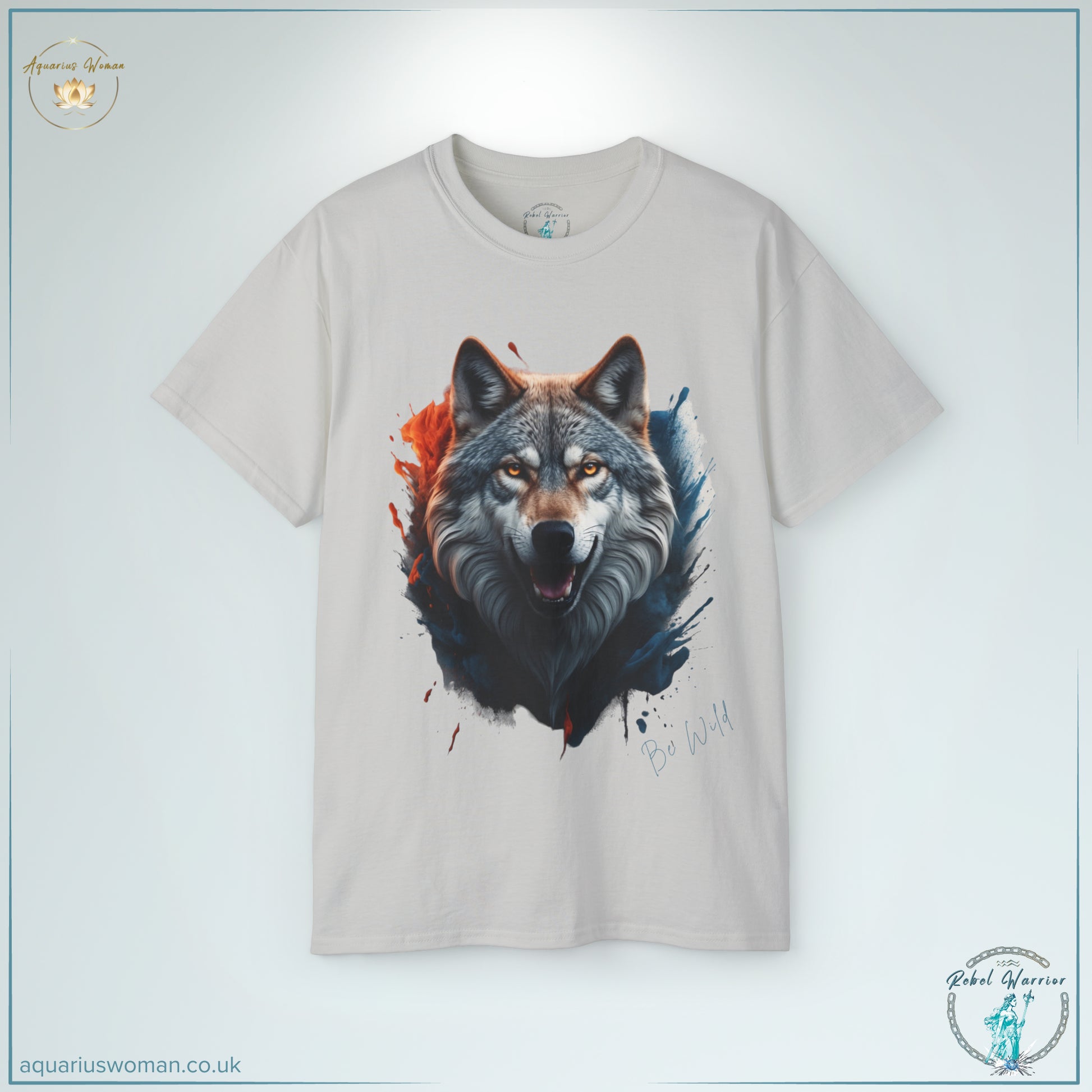 The 'Be Wild' Wolf Tee in Ice Grey channels the untamed spirit of the wolf, symbolising resilience, freedom, and strength. A bold splash of teal and amber paint highlights the intensity of the wolf’s gaze, evoking themes of instinct and strategy. Designed for modern warriors who refuse to conform, this premium-quality tee is a fearless expression of individuality and wild energy.