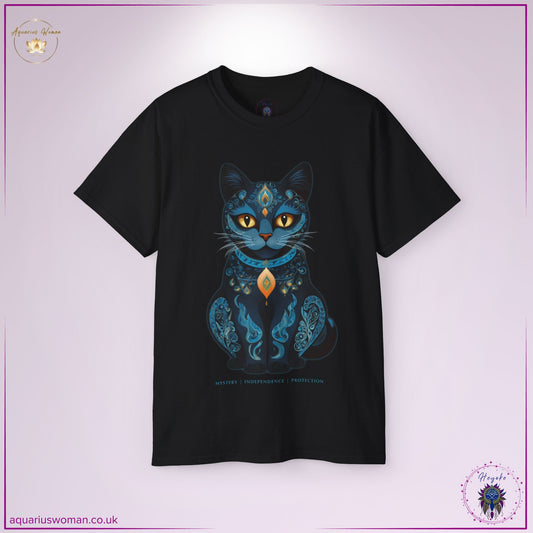 Black Cat Spirit Animal Tee from the Heyoke Collection – A mystical black cat adorned with intricate blue patterns, symbolising intuition, protection, and independence. This enchanting design represents the balance between mystery and wisdom, making it the perfect choice for modern mystics and spiritual seekers.