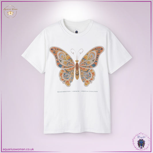Butterfly Spirit Animal Tee in white from the Heyoke Collection. A beautifully intricate butterfly design featuring muted blues and warm orange hues, symbolising transformation, renewal, and spiritual growth. A wearable reminder to embrace change, trust the journey, and evolve with grace.