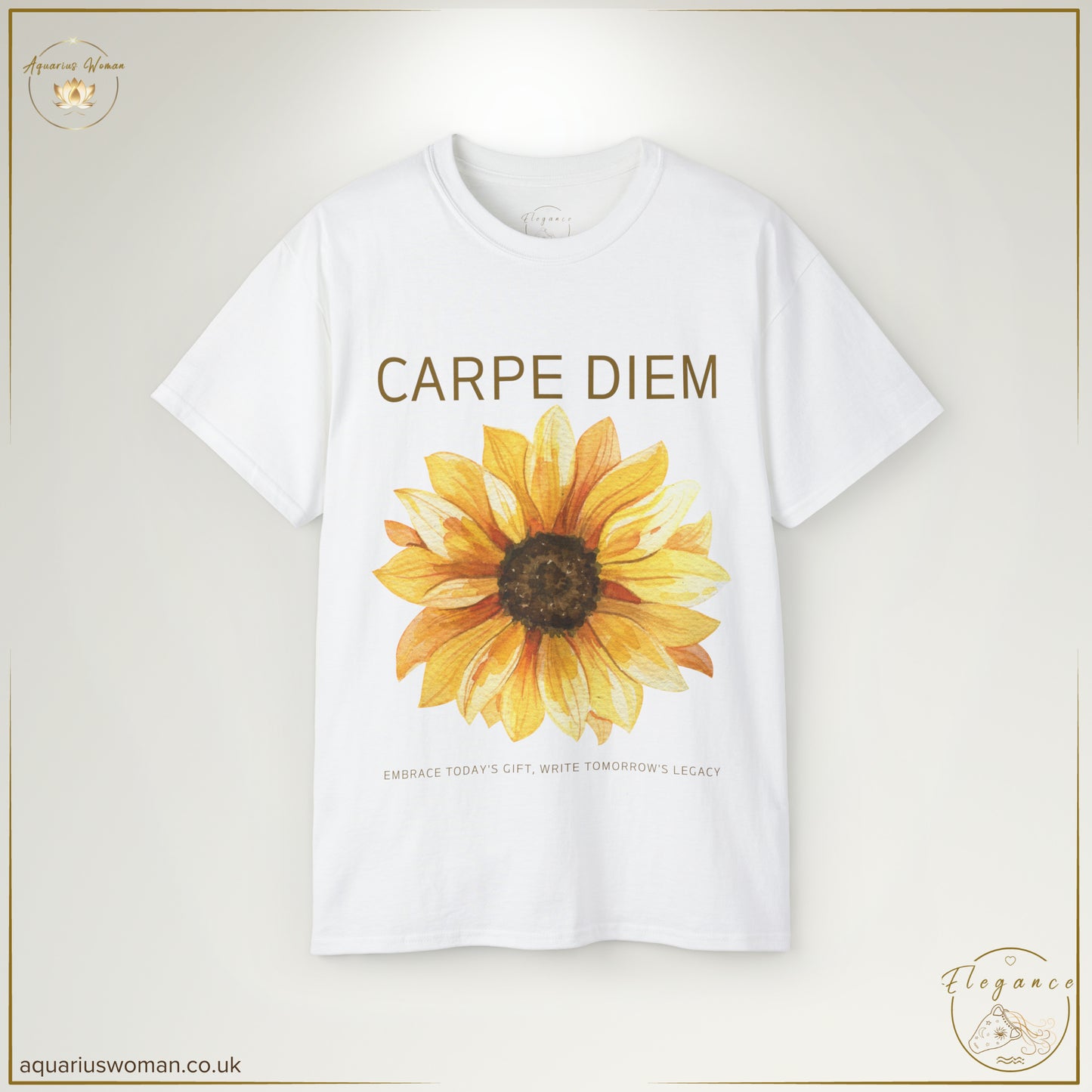 The CARPE DIEM Sunflower Tee in White is a radiant symbol of optimism and growth, featuring an elegant watercolour sunflower beneath the bold 'Carpe Diem' mantra. Designed for women who embrace life’s moments with grace and purpose, this tee inspires positivity and personal empowerment. A timeless piece from the Elegance Collection by Aquarius Woman.