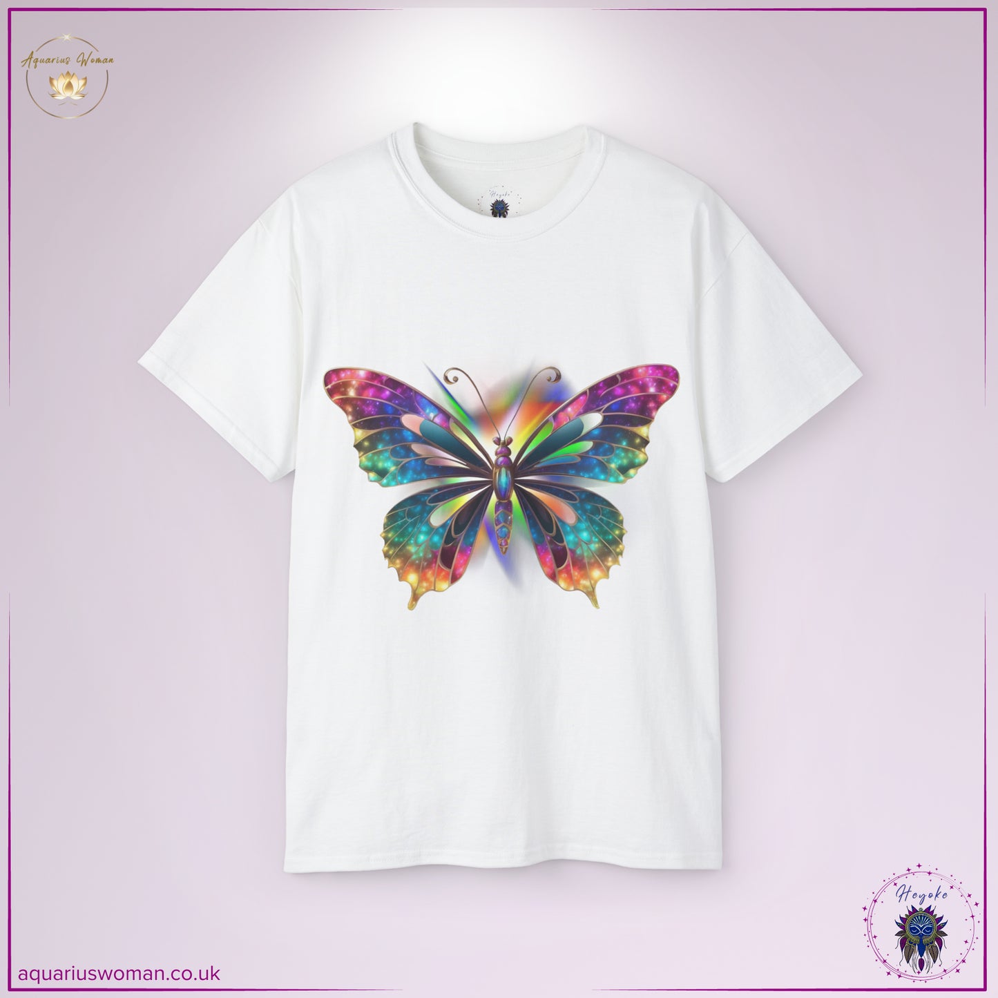 The Celestial Awakening Butterfly Tee in White features a radiant cosmic butterfly with galaxy-infused wings and a rainbow energy burst at its core. A powerful symbol of spiritual transformation, ascension, and higher consciousness, perfect for seekers of enlightenment and personal growth.