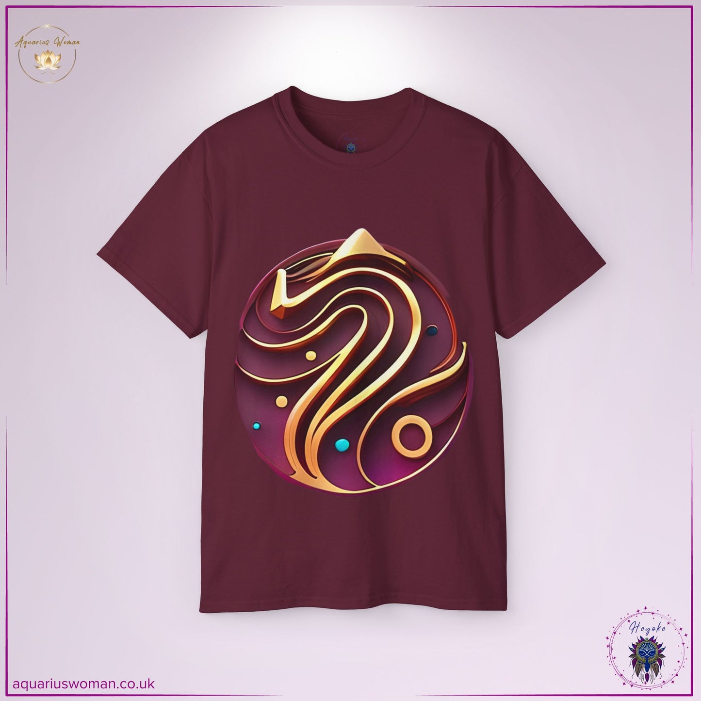 The Celestial Flow Zodiac Tee in Maroon is an abstract take on Aquarius energy, featuring golden fluid lines, celestial orbs, and a symbolic pyramid. This design represents cosmic flow, sacred wisdom, and the seeker’s journey toward transformation.
