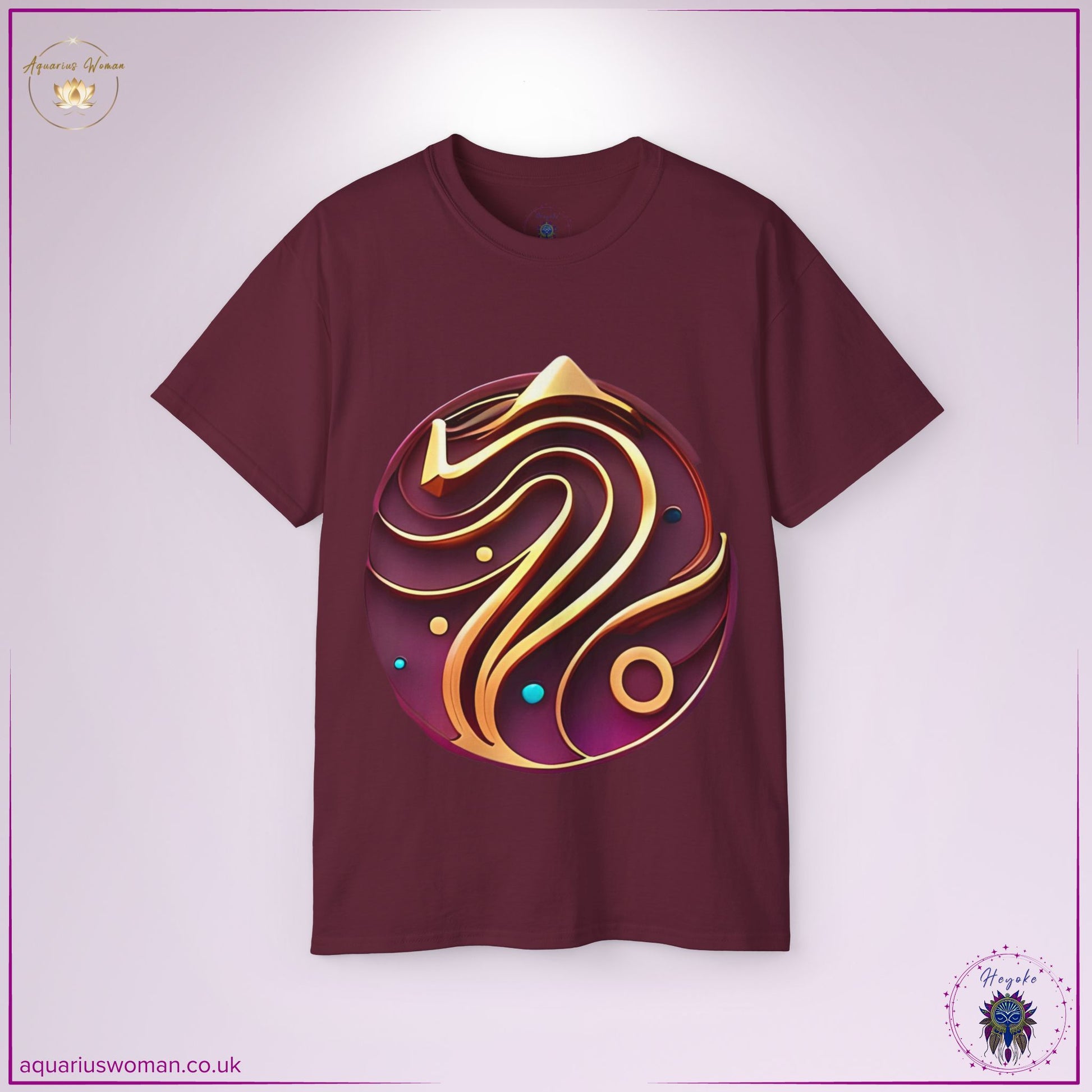 The Celestial Flow Zodiac Tee in Maroon is an abstract take on Aquarius energy, featuring golden fluid lines, celestial orbs, and a symbolic pyramid. This design represents cosmic flow, sacred wisdom, and the seeker’s journey toward transformation.