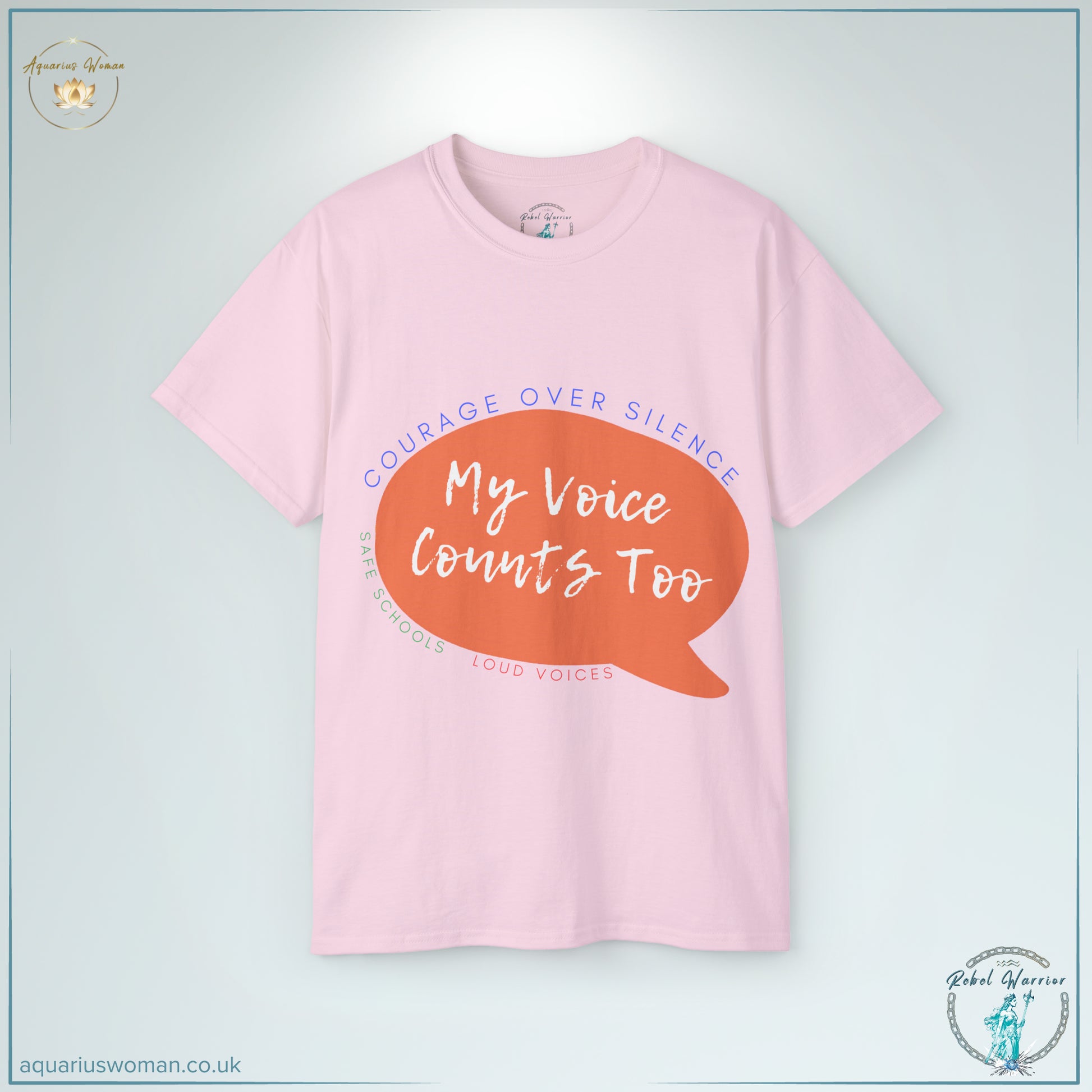 The 'Courage Over Silence' Tee in pink represents resilience and advocacy. Its striking speech bubble design carries the message 'My Voice Counts Too', encouraging safe schools and systemic change. A wearable statement for activists, survivors, and allies.