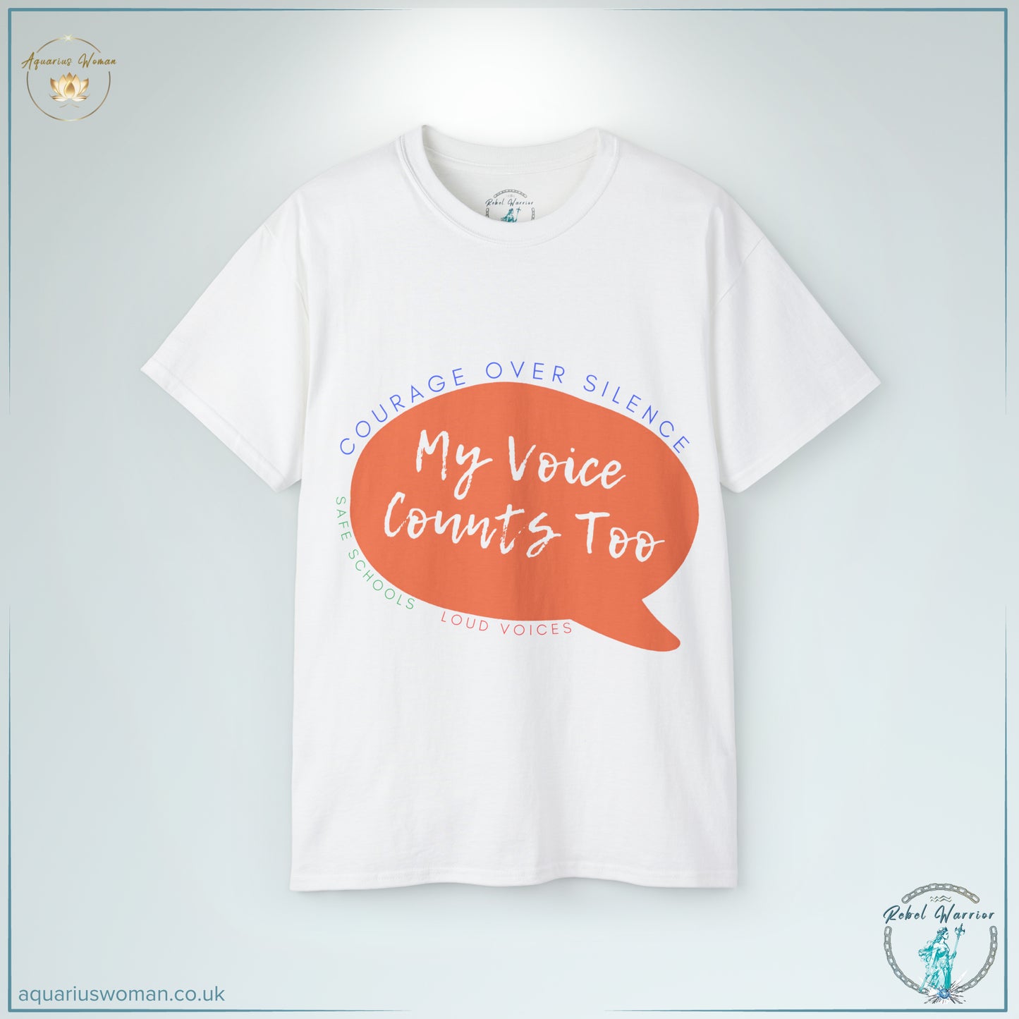 The 'Courage Over Silence' T-Shirt in white is a bold statement against institutional silencing. Featuring a vibrant speech bubble with 'My Voice Counts Too' and advocacy-driven typography, this tee is part of the Rebel Warrior Collection, empowering voices and supporting justice for survivors.