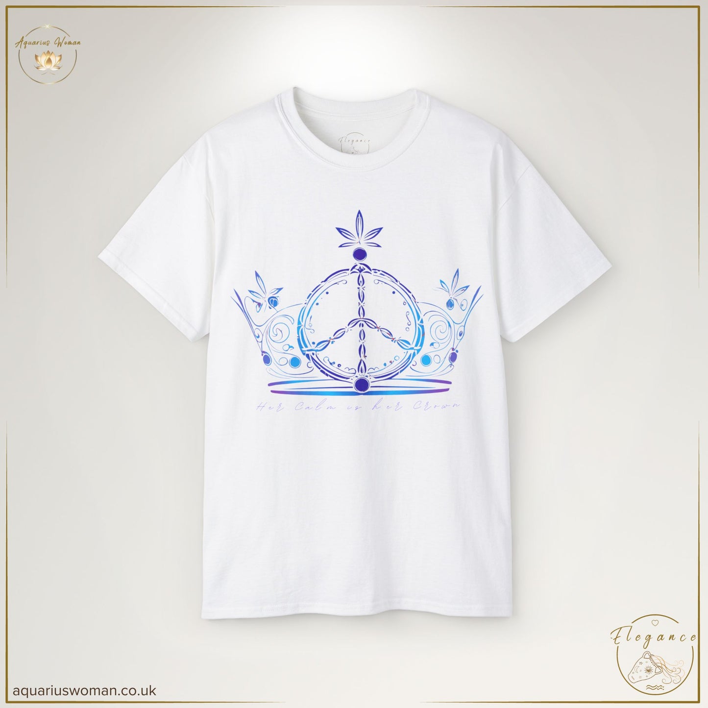 "Crown of Calm - The Swirling Peace Tee" from the Elegance Collection by Aquarius Woman. Features an abstract crown made of swirling lines encircling a peace sign, with calming blue and violet tones. The quote "Her calm is her crown" serves as an empowering reminder of strength through serenity.