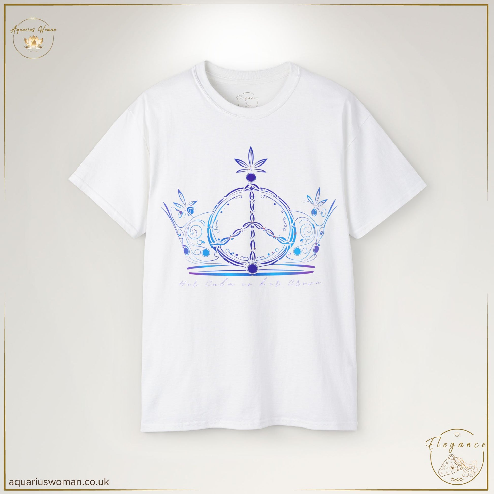 "Crown of Calm - The Swirling Peace Tee" from the Elegance Collection by Aquarius Woman. Features an abstract crown made of swirling lines encircling a peace sign, with calming blue and violet tones. The quote "Her calm is her crown" serves as an empowering reminder of strength through serenity.
