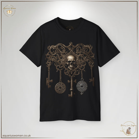 The Curse Breaker's Keys Tee in Black showcases an elaborate arrangement of keys, skulls, and occult-inspired details. Representing spiritual resilience, ancestral healing, and unlocking destiny, this design is a statement piece for those who break chains and rewrite their legacy.