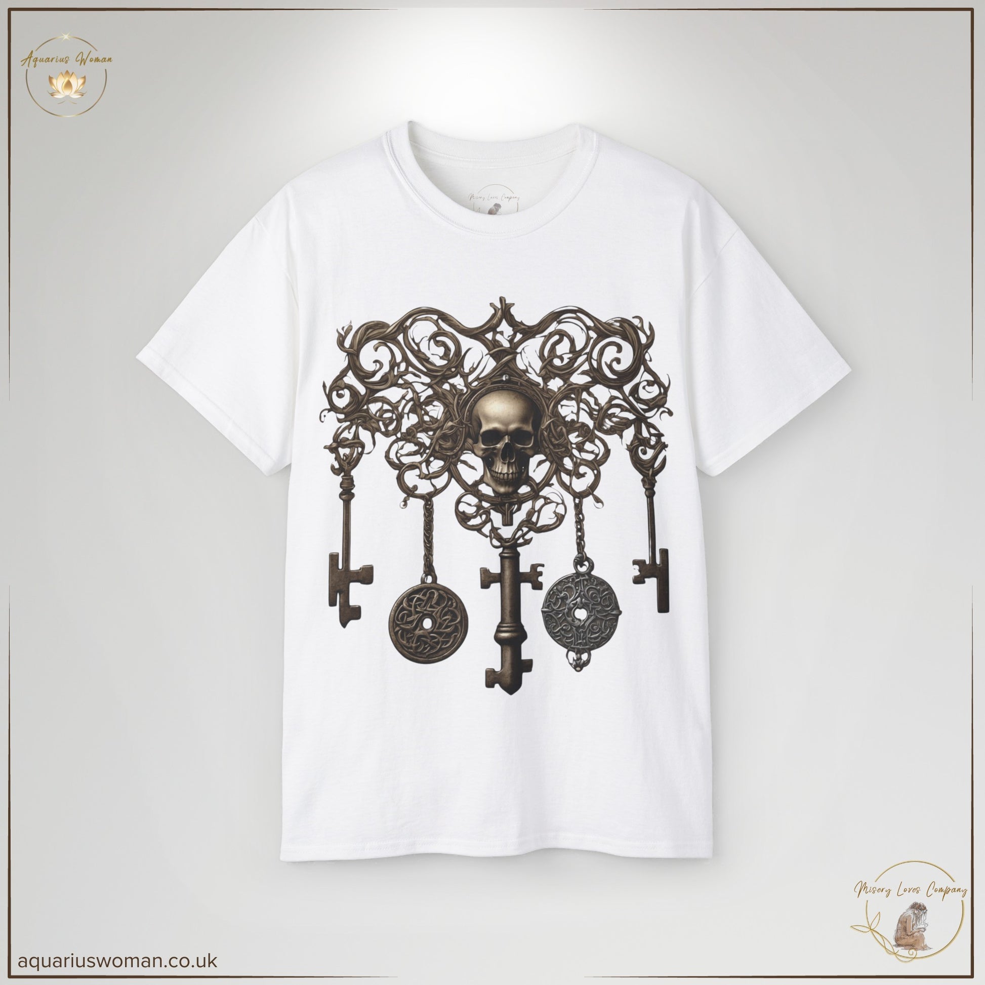 The Curse Breaker's Keys Tee in White features an ornate set of mystical keys hanging from a gothic framework, intertwined with a skull and intricate filigree. Symbolising breaking generational cycles, reclaiming power, and transformation, this bold design is perfect for those embracing personal liberation.
