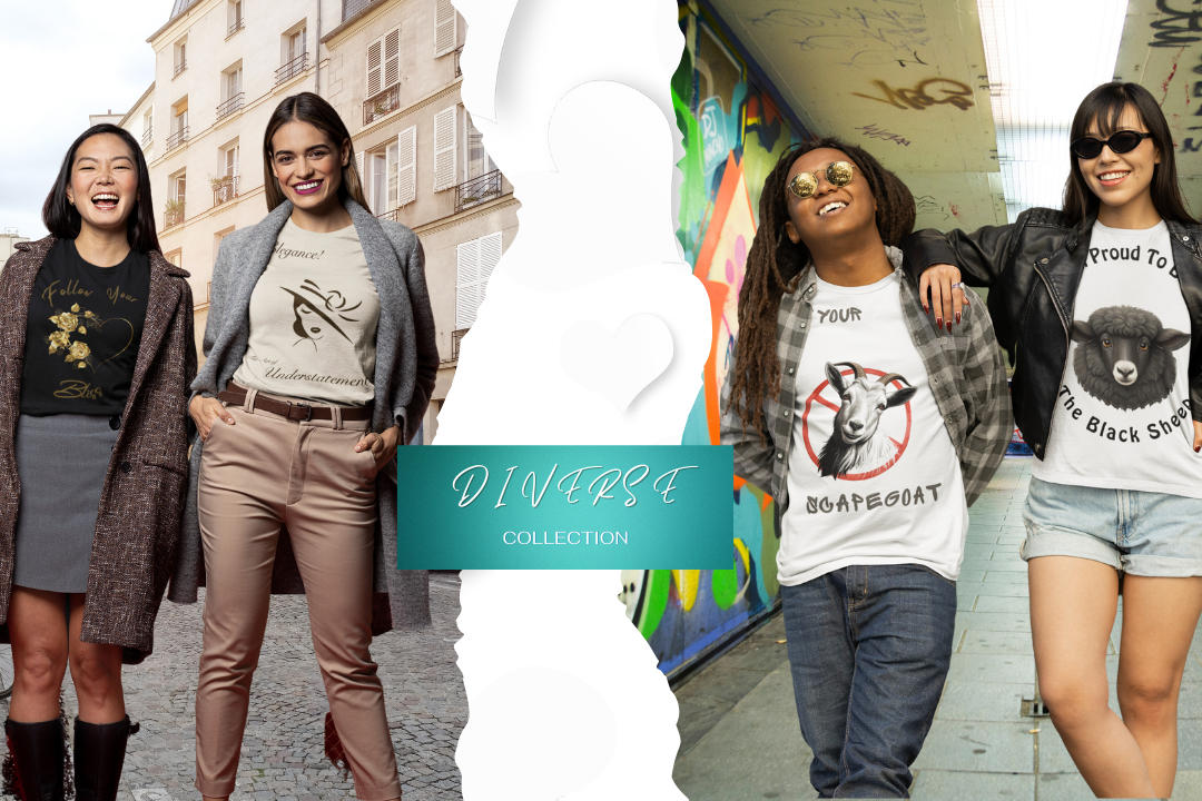 A dynamic promotional banner for the Diverse Collection, showcasing a fusion of elegant and bold designs. The left side features sophisticated, minimalist fashion, while the right side highlights rebellious, statement-driven apparel. The contrasting backgrounds symbolize individuality, self-expression, and the power of embracing different identities.