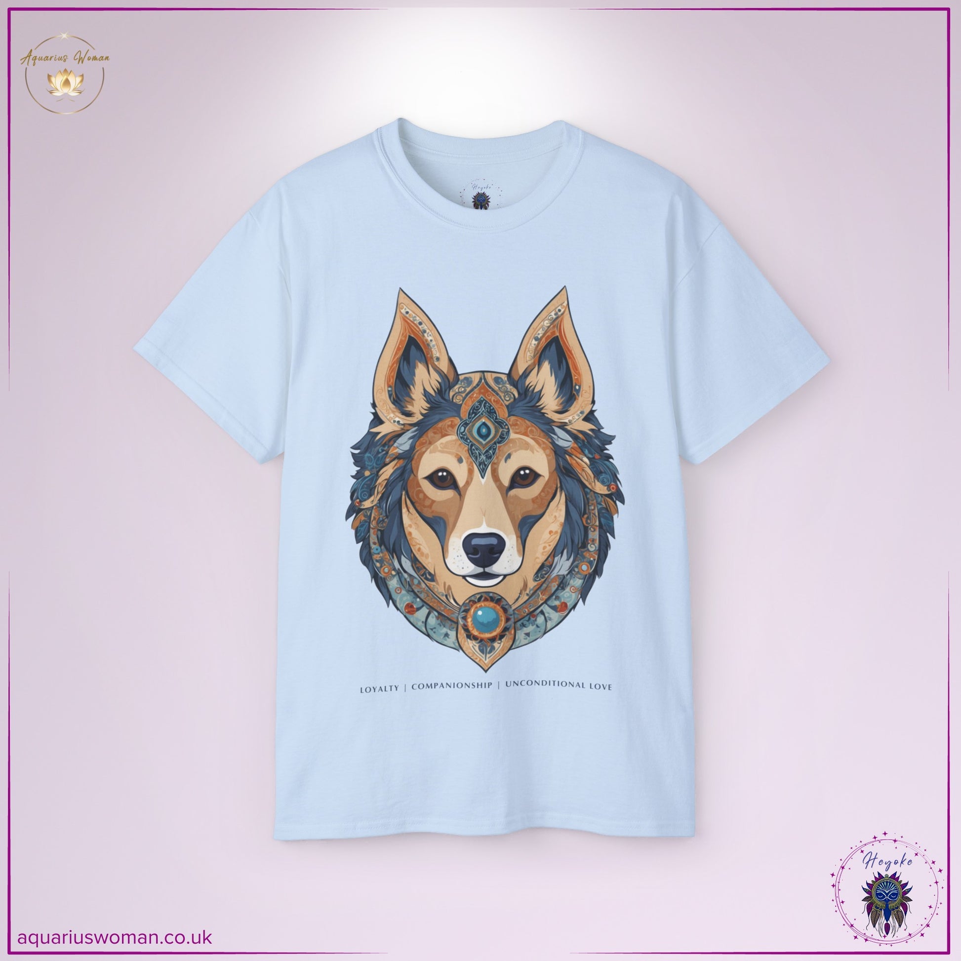 Dog Spirit Animal Tee in Light Blue from the Heyoke Collection – A beautifully crafted spiritual design representing faithfulness, protection, and deep emotional bonds. Perfect for those who cherish love, devotion, and the companionship of kindred spirits.