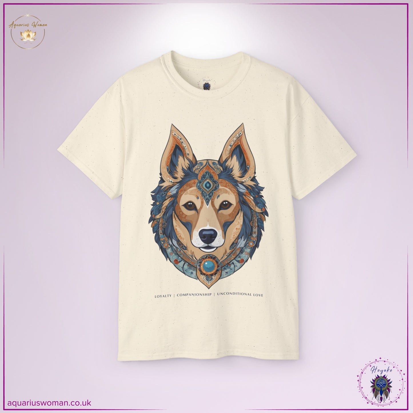 Dog Spirit Animal Tee in Natural from the Heyoke Collection – Features an intricately detailed dog design adorned with earthy and celestial patterns. Symbolises loyalty, companionship, and unconditional love, making it a meaningful statement of trust and connection.