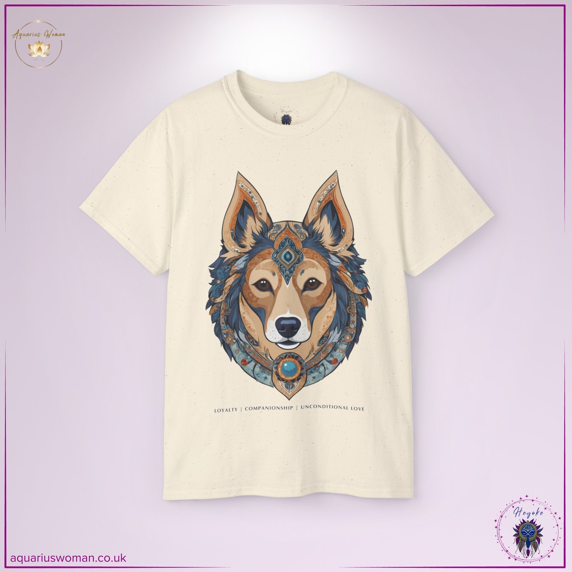 Dog Spirit Animal Tee in Natural from the Heyoke Collection – Features an intricately detailed dog design adorned with earthy and celestial patterns. Symbolises loyalty, companionship, and unconditional love, making it a meaningful statement of trust and connection.
