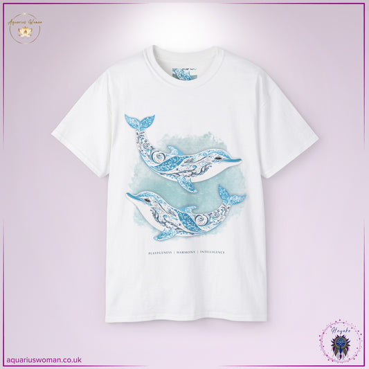 Dolphin Spirit Animal Tee in white from the Heyoke Collection. Features two intricately patterned dolphins swimming in harmony against a soft oceanic backdrop. Symbolising playfulness, intelligence, and emotional balance, this design embodies joy, intuition, and deep connection to the rhythms of nature.