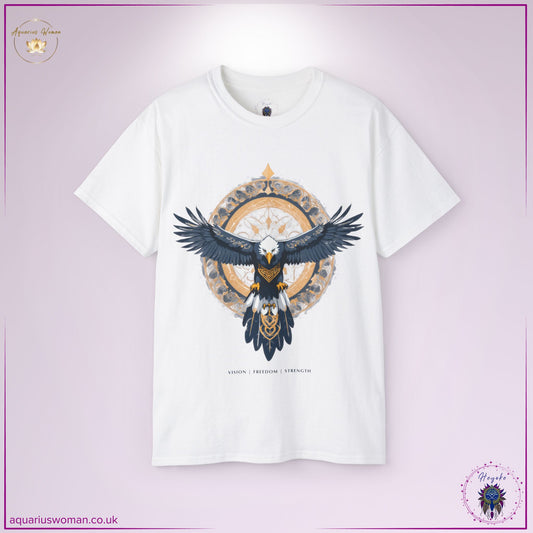 The Eagle Spirit Animal Tee in White showcases a majestic eagle soaring against a golden mandala, symbolising vision, strength, and spiritual freedom. The intricate patterns highlight higher wisdom and limitless potential.