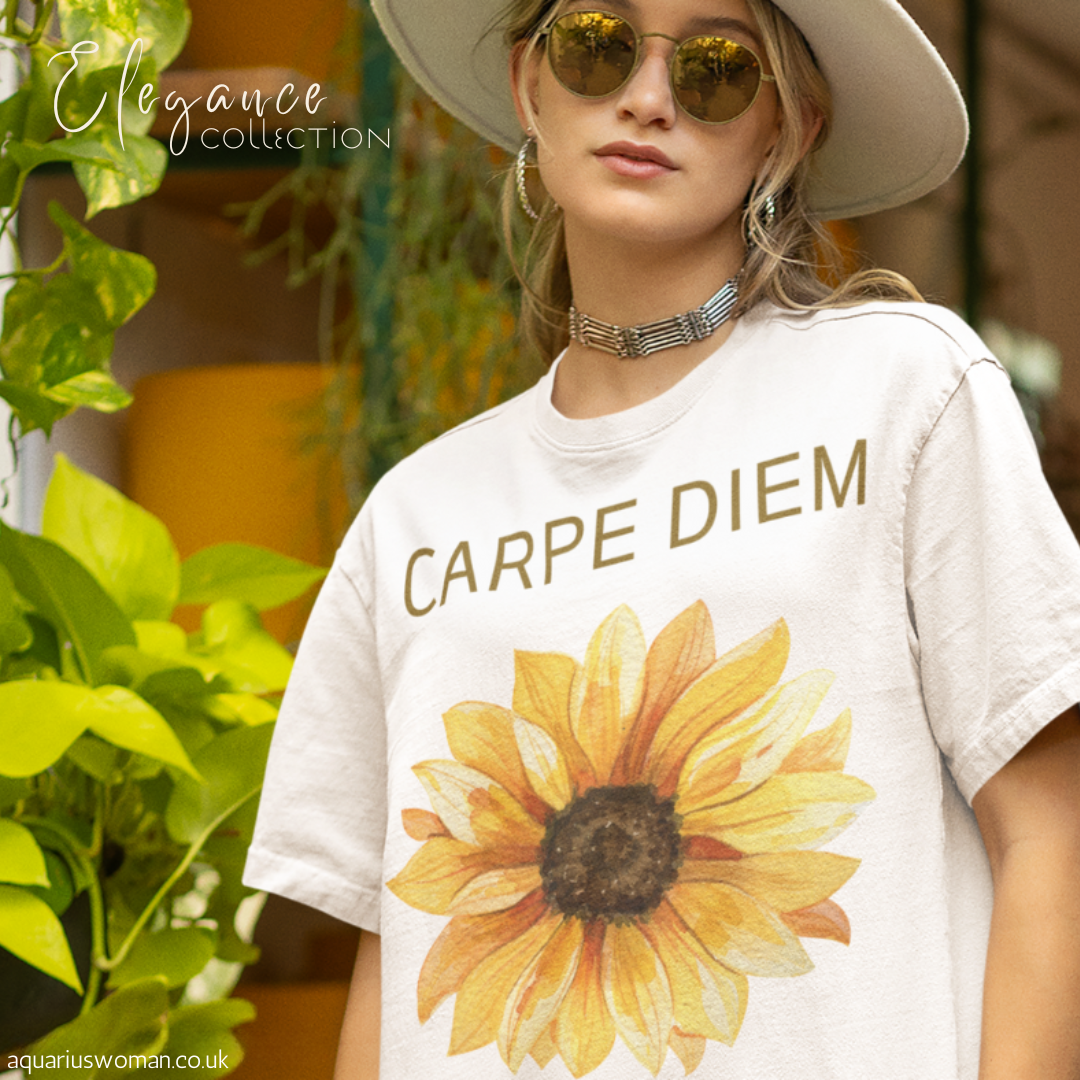 Model wearing a white 'Carpe Diem' sunflower t-shirt from the Elegance Collection by Aquarius Woman. This minimalist yet powerful design symbolises self-love, resilience, and the beauty of simplicity.