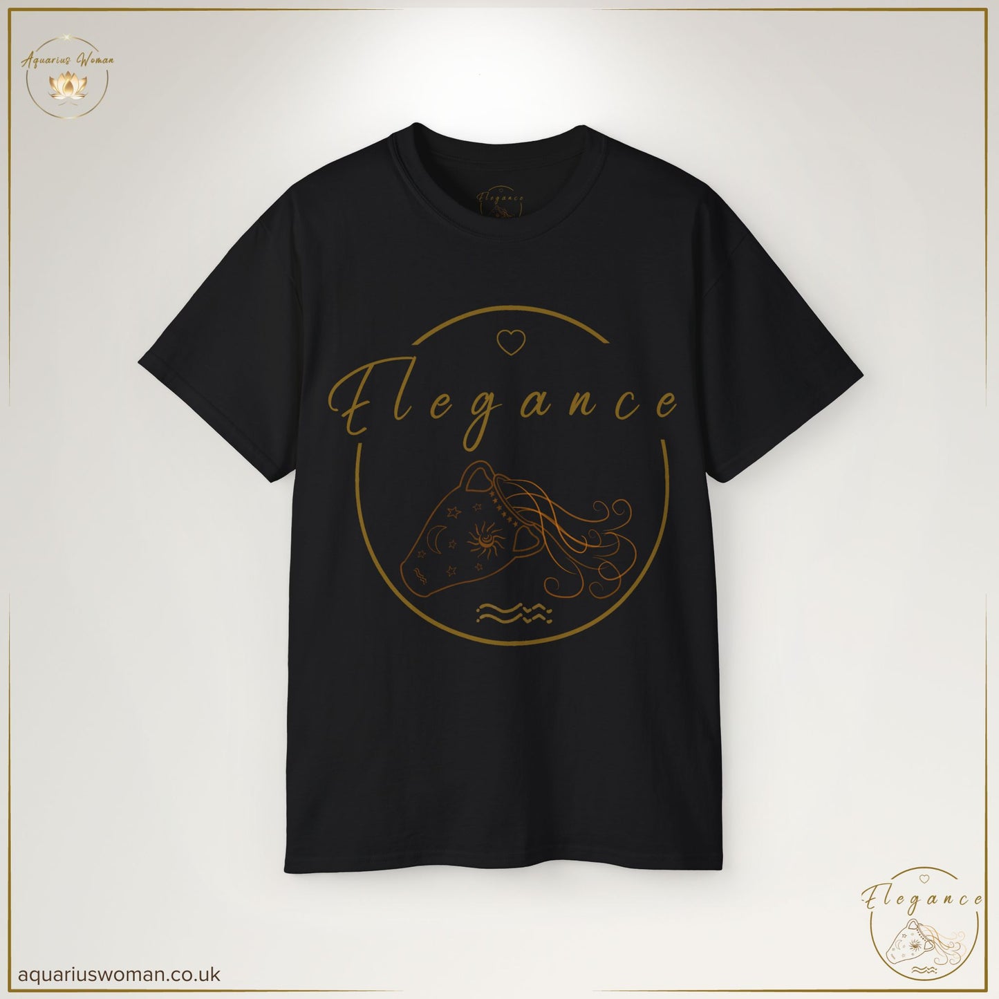 The Elegance Embodied Tee in Black showcases the gold Aquarius Woman logo, symbolising celestial wisdom, renewal, and empowerment. A refined and striking statement piece.