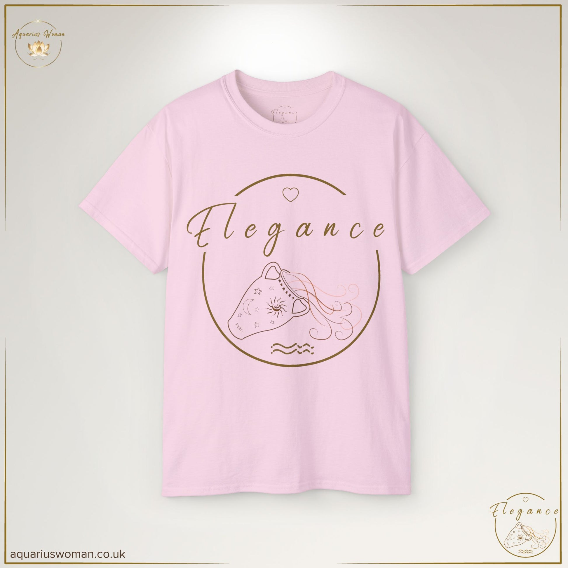 The Elegance Embodied Tee in Light Pink presents an elegant hand-drawn Aquarius symbol, adorned with celestial accents, flowing water motifs, and gold typography—perfect for those who embody quiet resilience and grace.