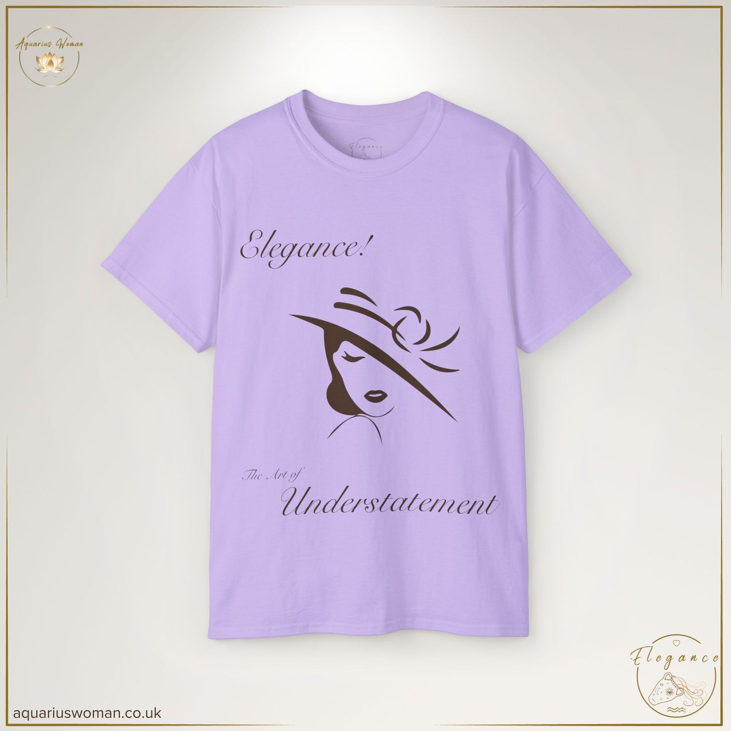 The Elegance - The Art of Understatement Tee in Orchid is for those who embrace classic beauty with a modern edge. A graceful line-drawn woman in a statement hat reflects the power of understatement and quiet confidence.