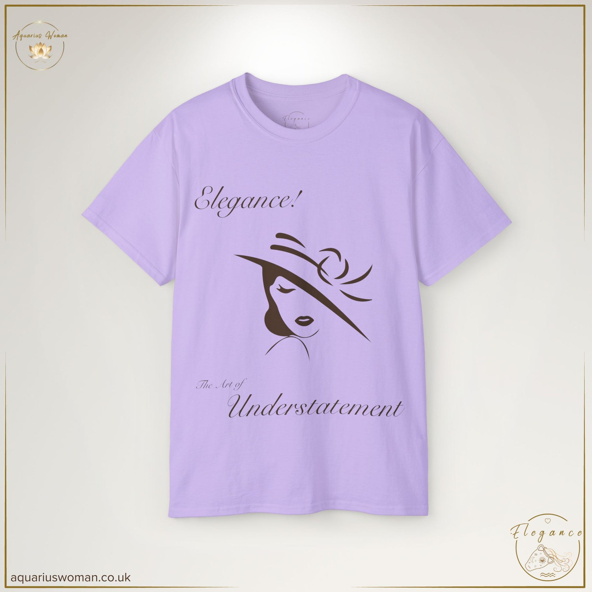 The Elegance - The Art of Understatement Tee in Orchid is for those who embrace classic beauty with a modern edge. A graceful line-drawn woman in a statement hat reflects the power of understatement and quiet confidence.