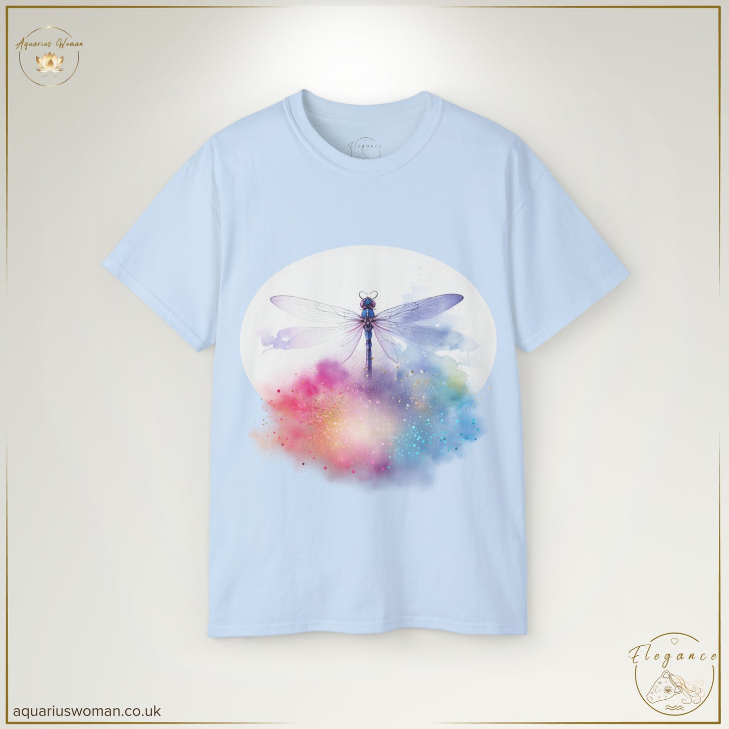 The Ethereal Dragonfly Cosmic Cloud Burst Tee in Light Blue embodies celestial beauty and transformation. A detailed dragonfly with shimmering wings floats against a cosmic-inspired splash of vibrant colours, making this a perfect piece for cosmic dreamers and free spirits.