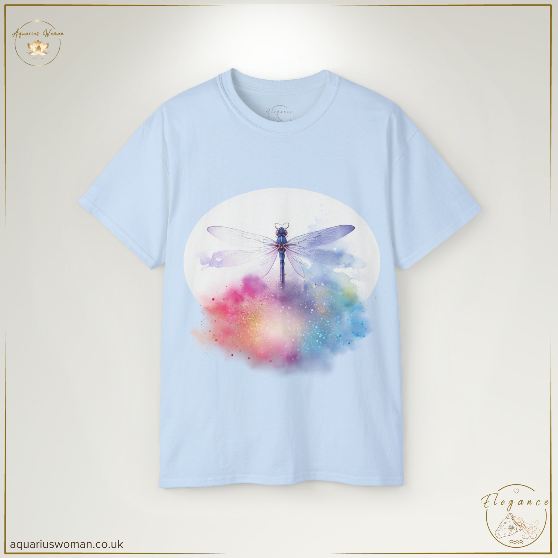The Ethereal Dragonfly Cosmic Cloud Burst Tee in Light Blue embodies celestial beauty and transformation. A detailed dragonfly with shimmering wings floats against a cosmic-inspired splash of vibrant colours, making this a perfect piece for cosmic dreamers and free spirits.