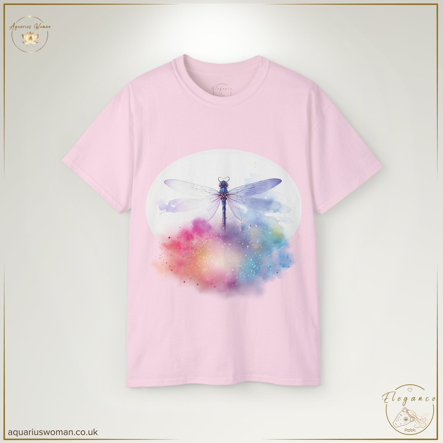 The Ethereal Dragonfly Cosmic Cloud Burst Tee in Light Pink blends celestial elegance with artistic expression. Featuring a watercolour dragonfly amidst a cosmic cloud of pastel hues, this tee symbolises creativity, personal growth, and the magic of the universe.