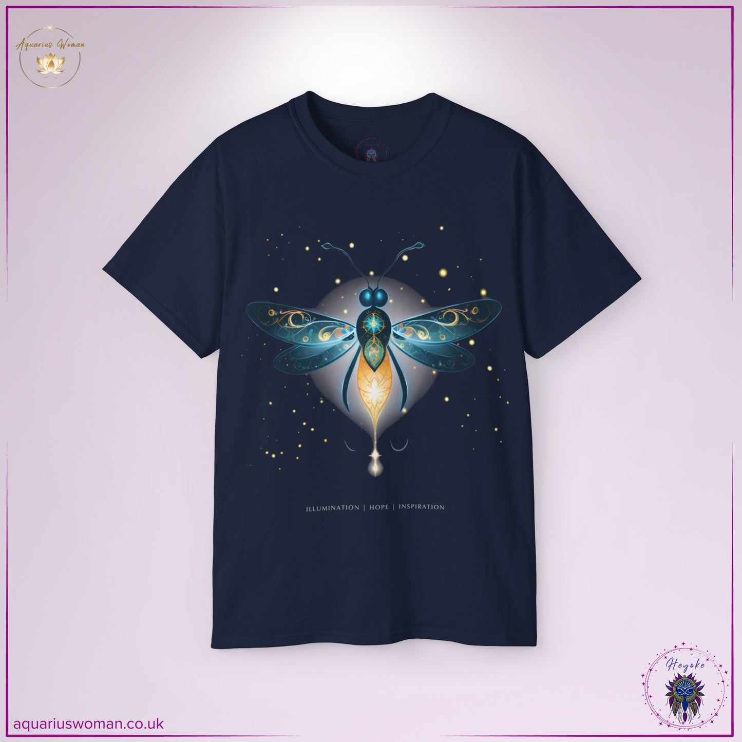 Firefly Spirit Animal Tee in navy from the Heyoke Collection. A luminous firefly adorned with intricate cosmic patterns, glowing against a deep navy background. This symbolic design embodies clarity, transformation, and the power to illuminate life’s path.