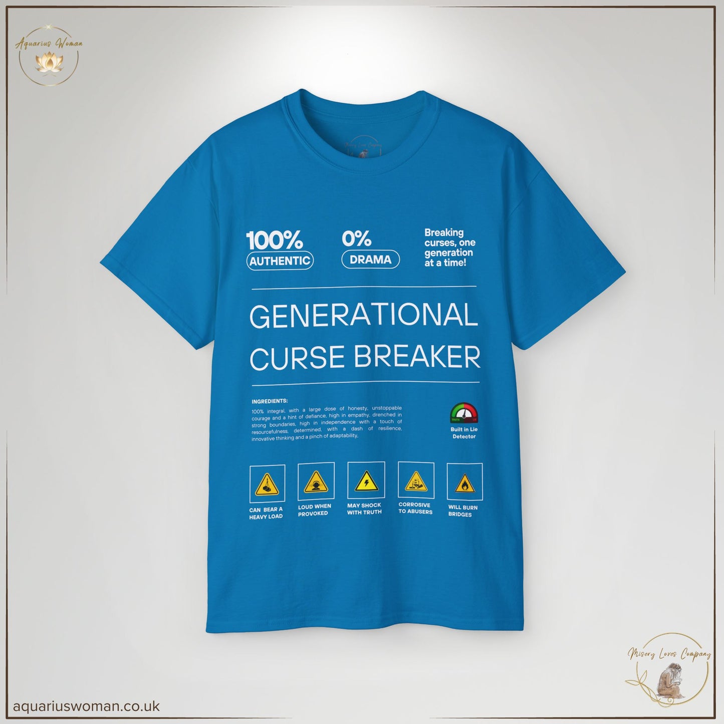 The Generational Curse Breaker Tee in Sapphire is a vibrant statement piece for those embracing healing and transformation. Featuring witty text and warning labels, this design honours resilience, truth, and the power to rewrite history.