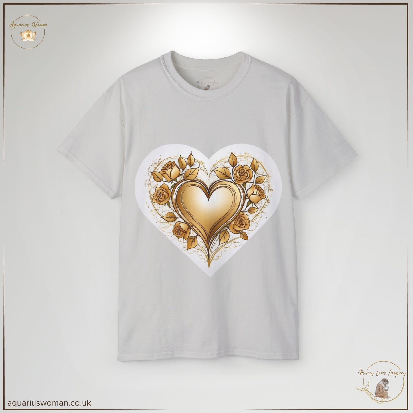 The Golden Heart & Thorned Roses Tee in Ice Grey embodies quiet strength and survival. A luminous gold heart is entwined with thorned roses, representing growth, healing, and the power of standing strong through life’s challenges.