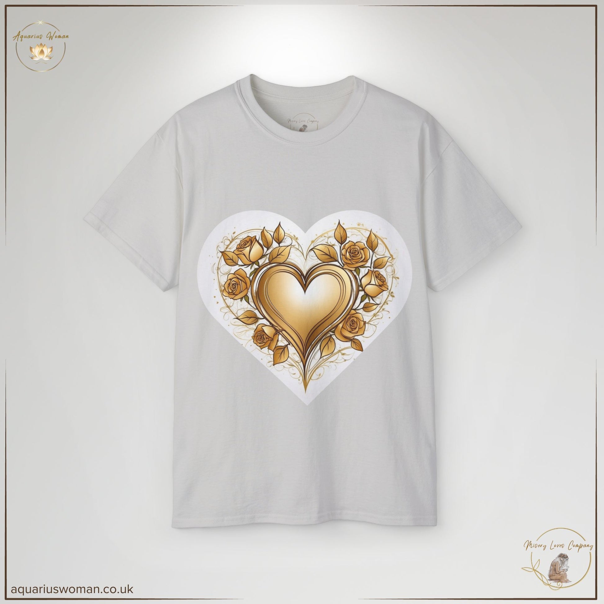 The Golden Heart & Thorned Roses Tee in Ice Grey embodies quiet strength and survival. A luminous gold heart is entwined with thorned roses, representing growth, healing, and the power of standing strong through life’s challenges.