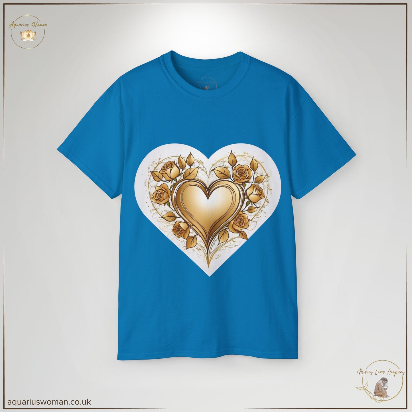 The Golden Heart & Thorned Roses Tee in Sapphire features an elegant gold heart design surrounded by roses with protective thorns. A bold statement of resilience and empowerment, perfect for those who have fought to reclaim their strength.