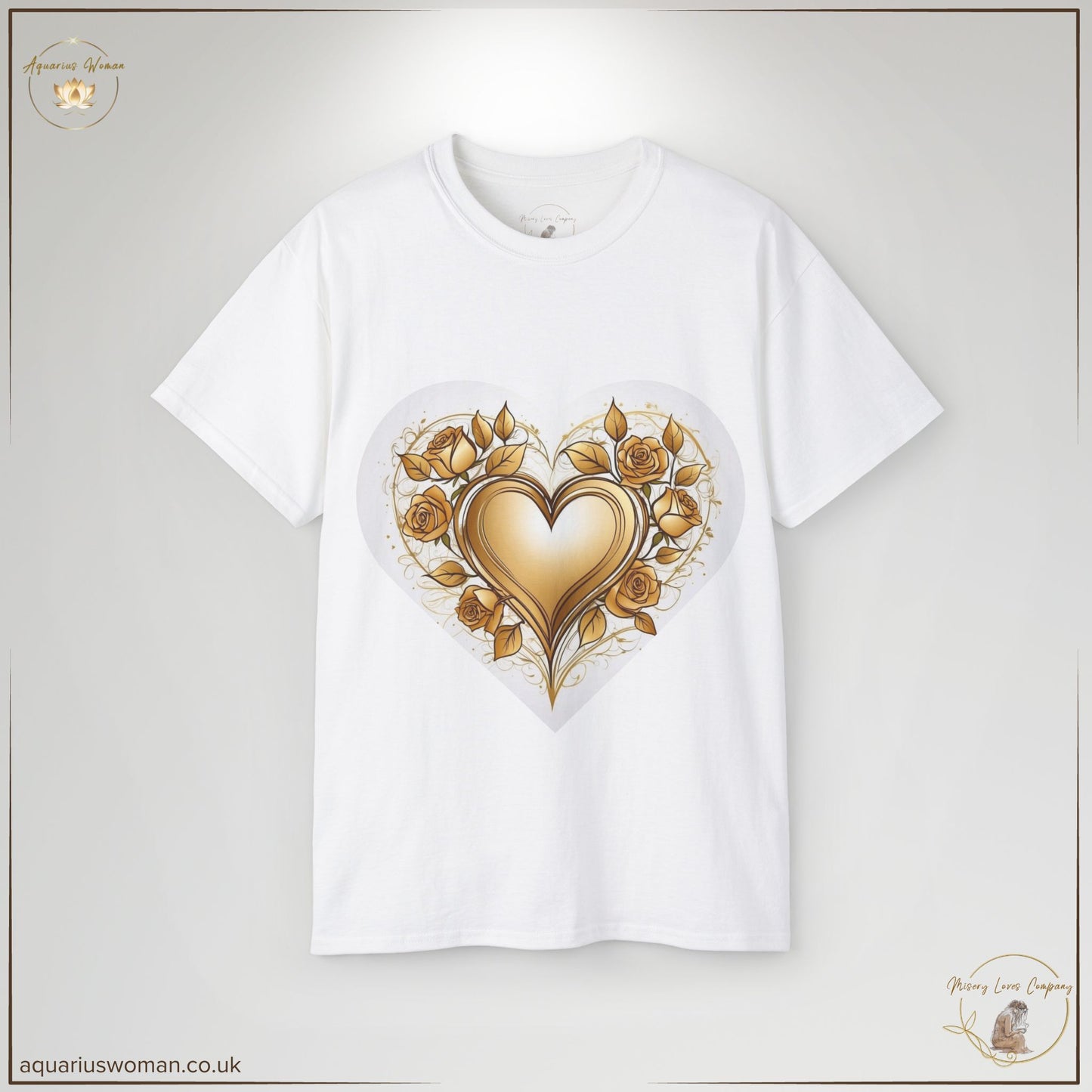 The Golden Heart & Thorned Roses Tee in White symbolises strength, resilience, and self-protection. Featuring an intricate gold heart surrounded by thorned roses, this design represents endurance through hardship while embracing inner beauty.