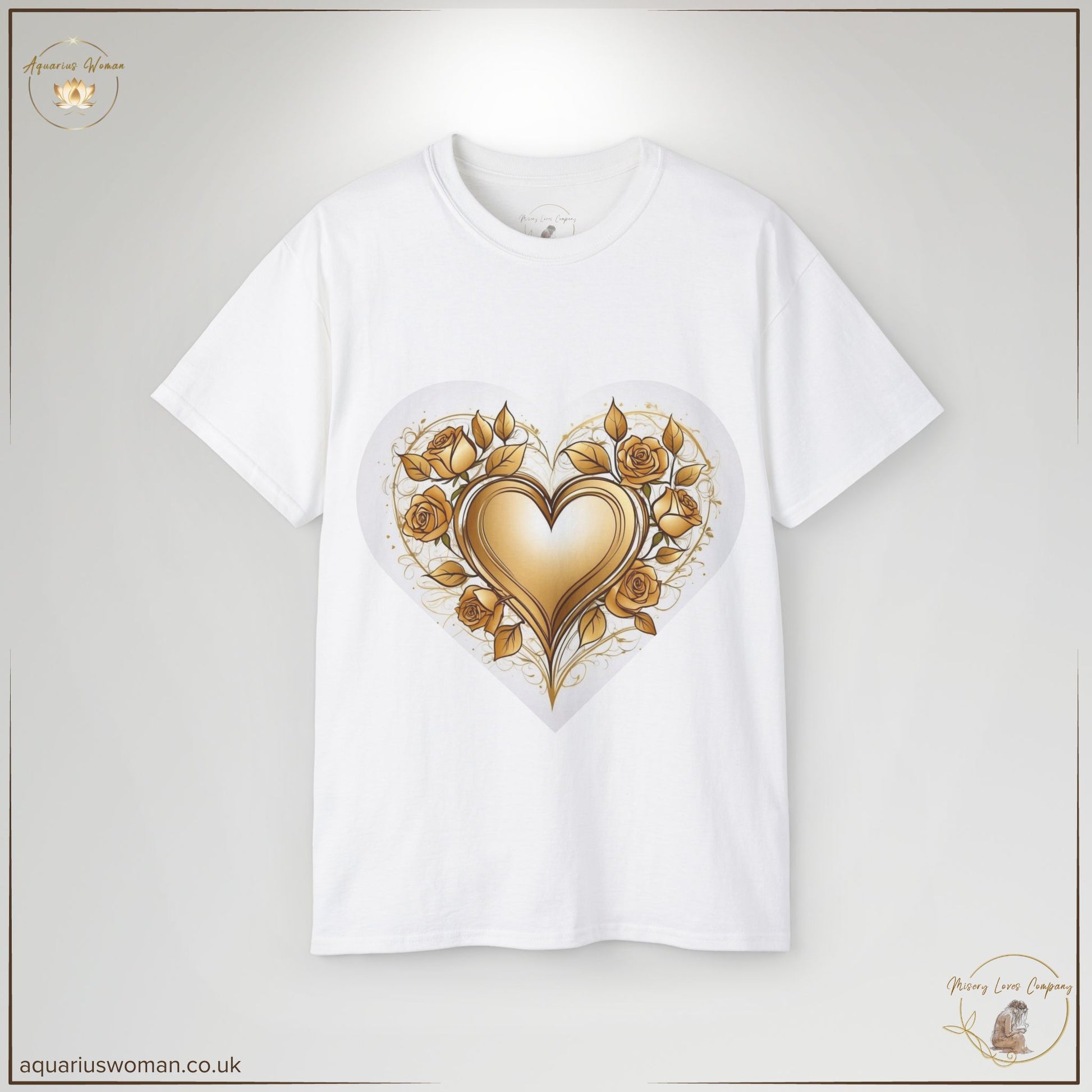 The Golden Heart & Thorned Roses Tee in White symbolises strength, resilience, and self-protection. Featuring an intricate gold heart surrounded by thorned roses, this design represents endurance through hardship while embracing inner beauty.
