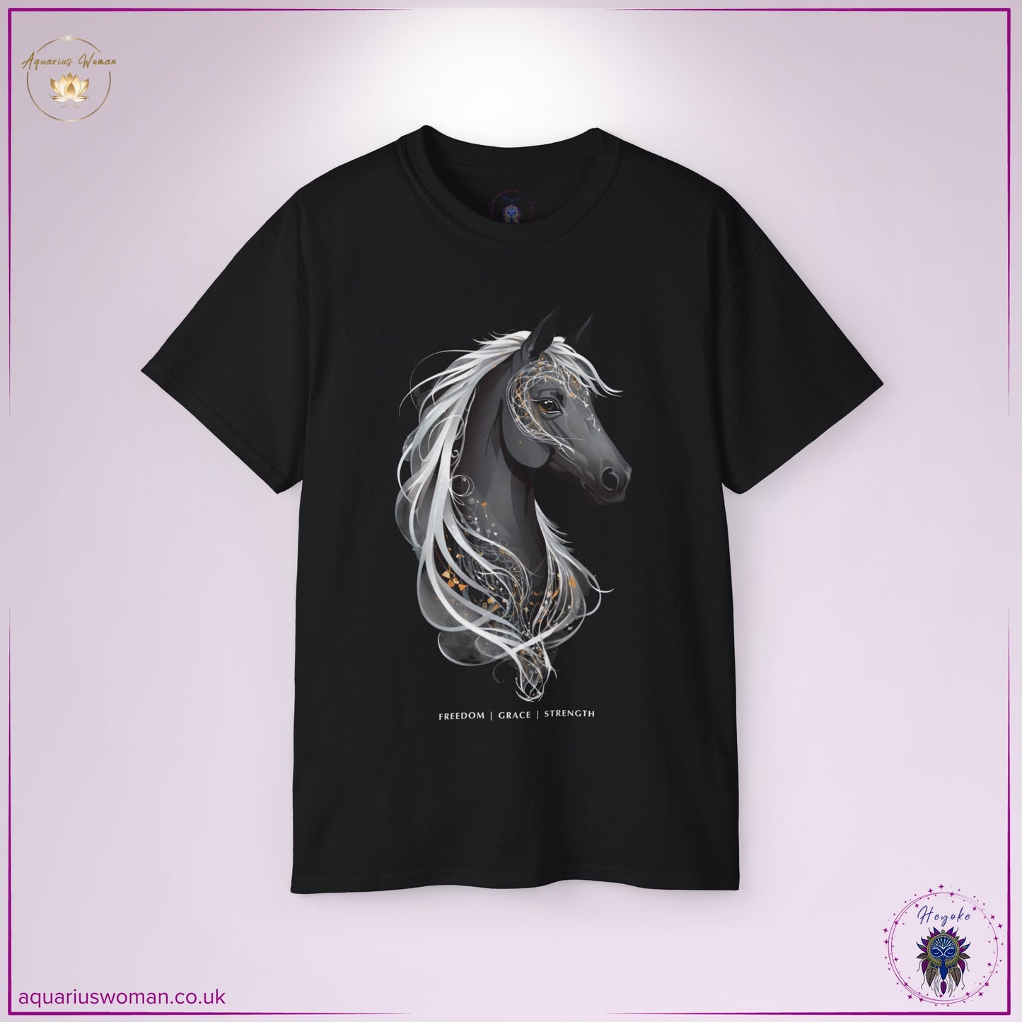 This black tee showcases a mystical grey horse, adorned with intricate cosmic and golden accents. The flowing mane and celestial elements reflect power, intuition, and unbound potential, making it a statement piece for free spirits.
