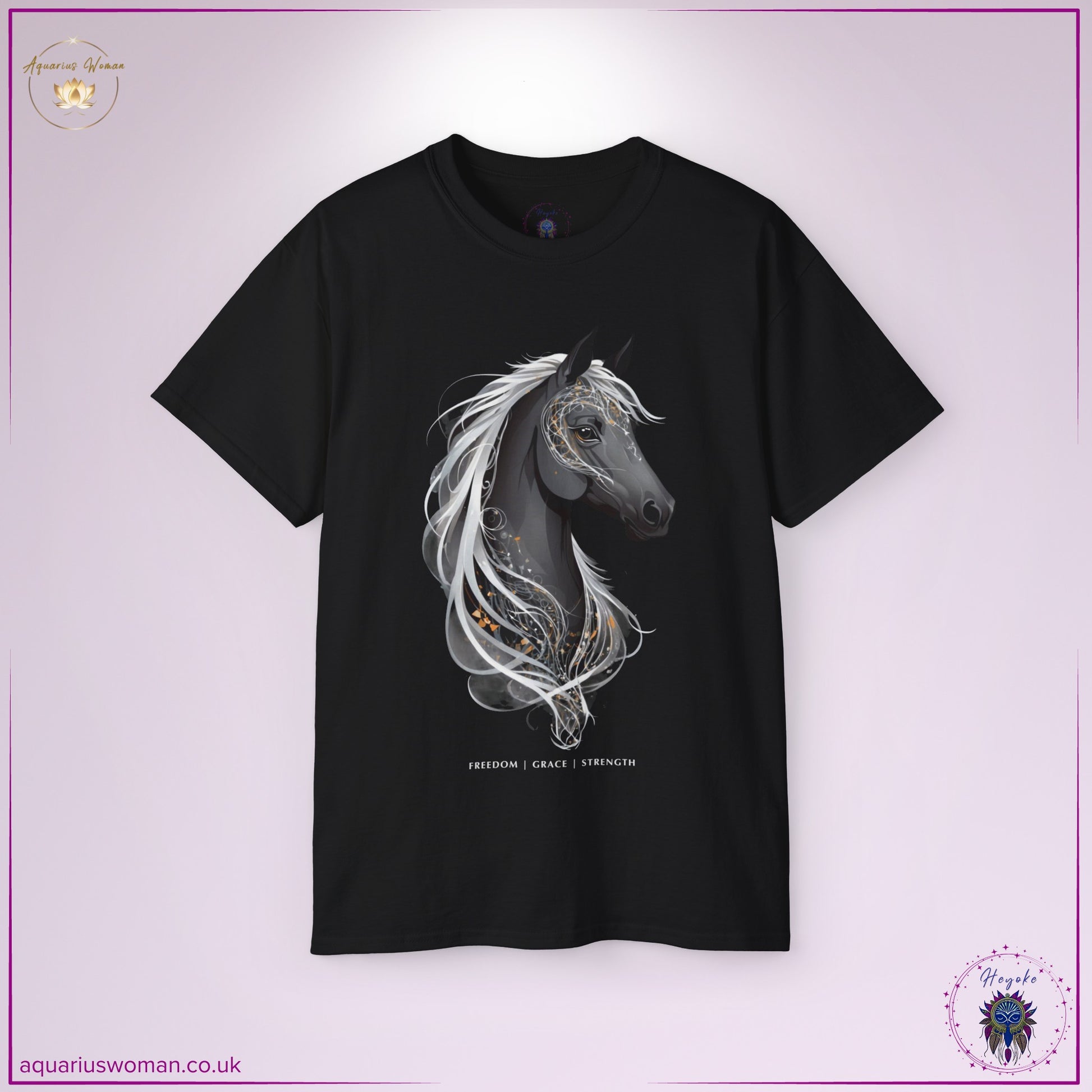 This black tee showcases a mystical grey horse, adorned with intricate cosmic and golden accents. The flowing mane and celestial elements reflect power, intuition, and unbound potential, making it a statement piece for free spirits.