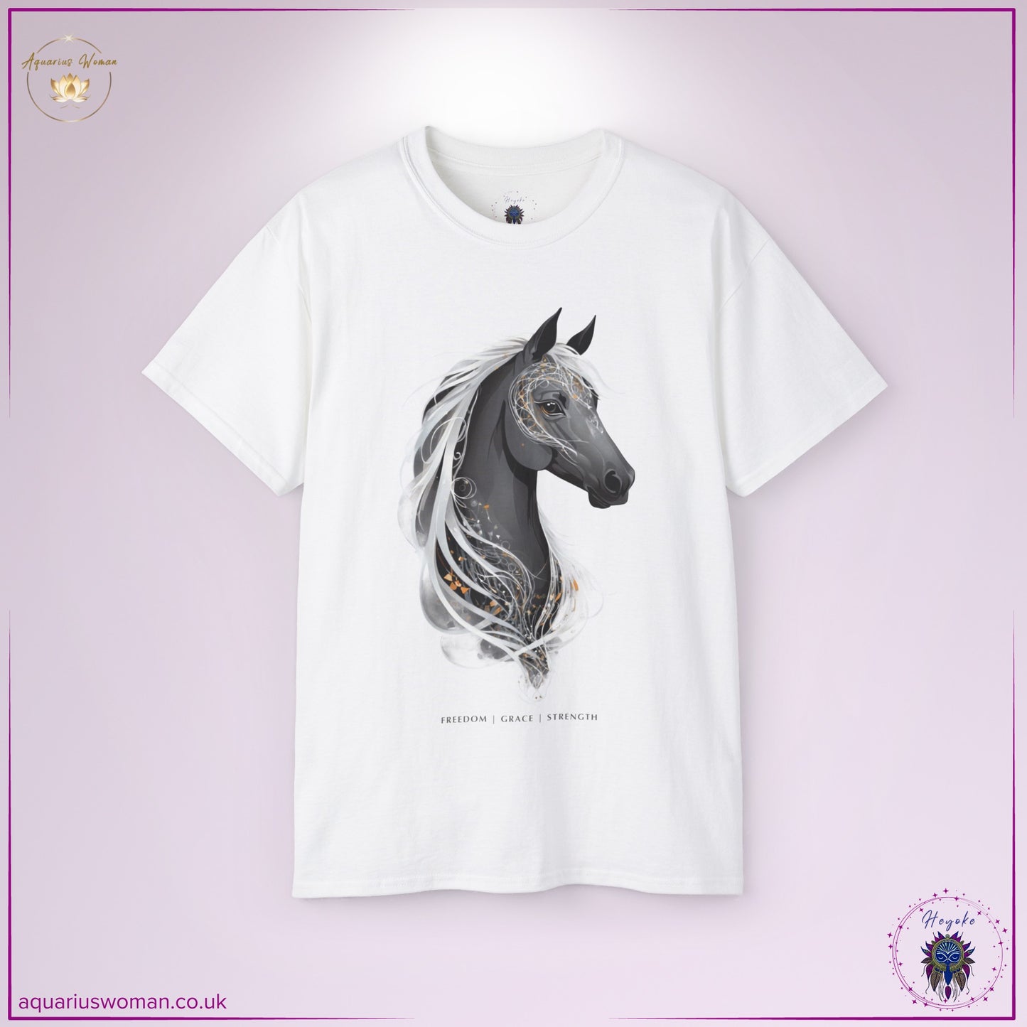 A white t-shirt with an ethereal grey horse illustration, enhanced with flowing celestial details. Representing wisdom, movement, and personal transformation, this design aligns with the spirit animal's message of courage and independence.