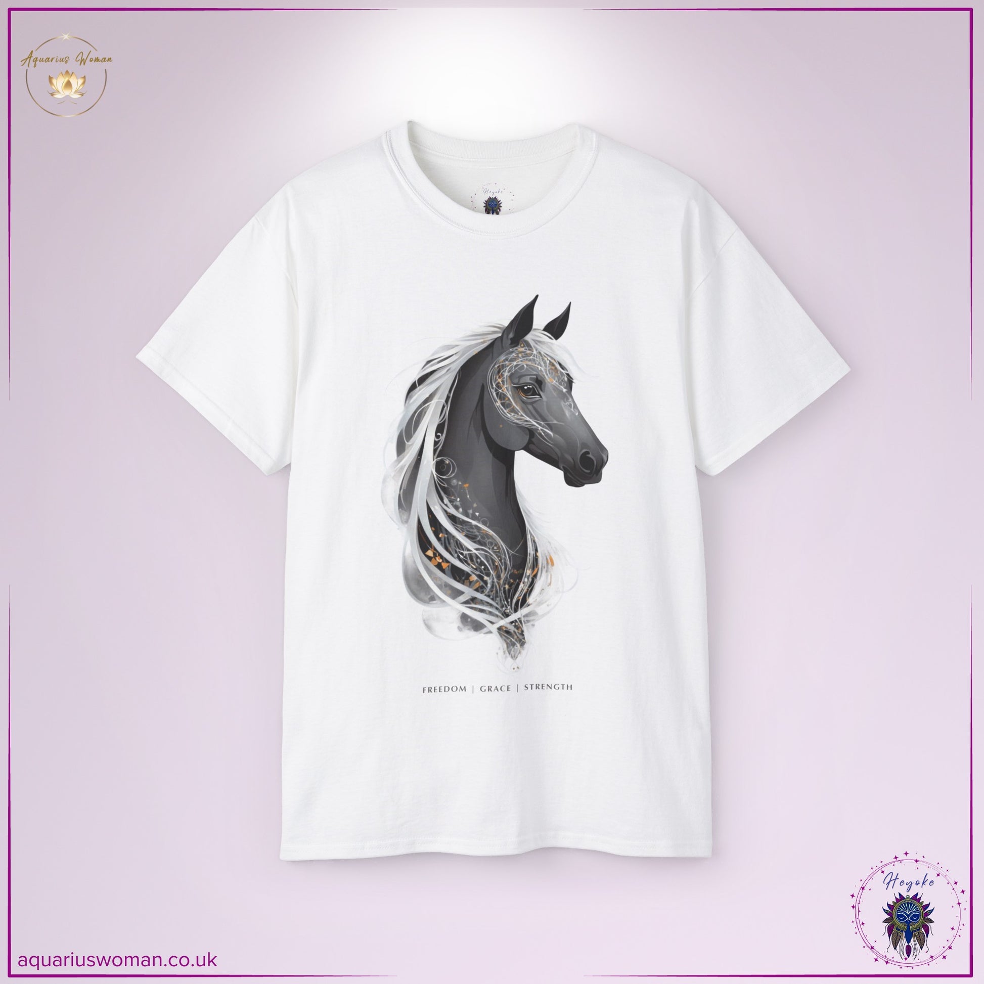 A white t-shirt with an ethereal grey horse illustration, enhanced with flowing celestial details. Representing wisdom, movement, and personal transformation, this design aligns with the spirit animal's message of courage and independence.