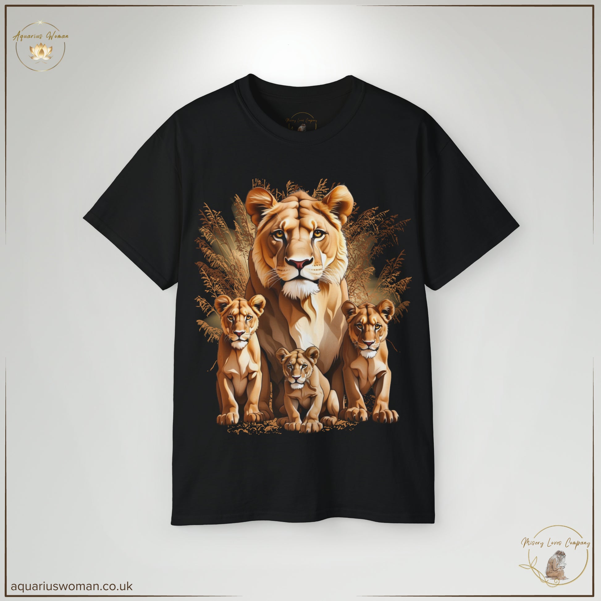 The Guardian of Love Tee in Black features a bold lioness standing protectively with her cubs, symbolising maternal strength, resilience, and unbreakable love. The rich black background enhances the powerful contrast of the design, making it a striking statement piece for those who embody courage and protection.