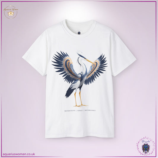 Heron Spirit Animal Tee in white from the Heyoke Collection. Features a beautifully adorned heron with wings spread wide, symbolising tranquillity, grace, and self-reliance. Deep blue and golden hues enhance the design, representing wisdom and balance.
