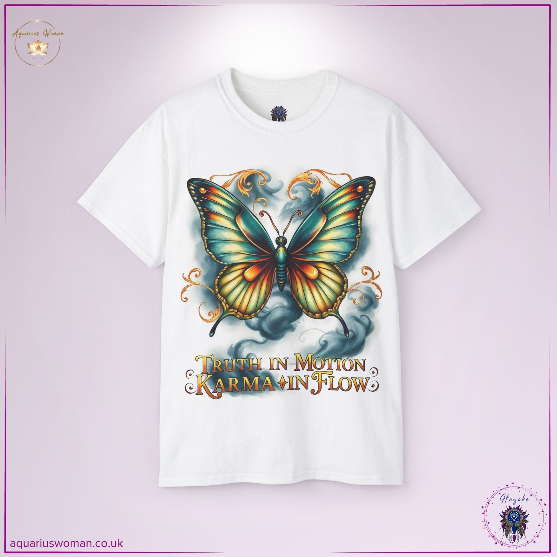 Heyoka Butterfly T-Shirt – Truth in Motion, Karma in Flow, featuring a mystical butterfly with swirling cosmic energy, symbolising transformation and karmic flow.