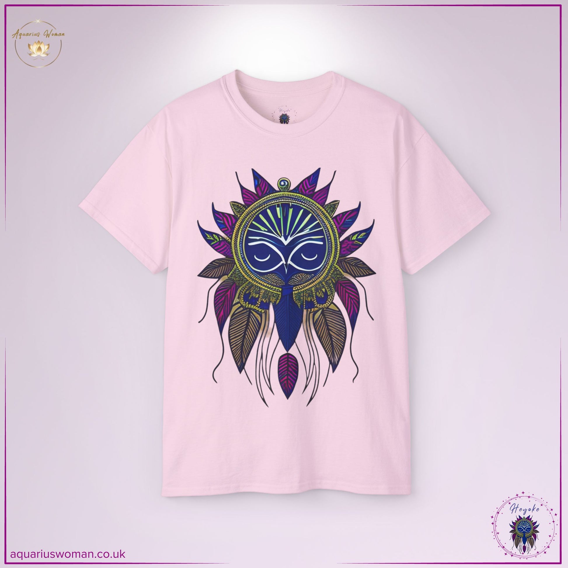 The Heyoke Dreamcatcher T-Shirt in soft pink blends mystical aesthetics with deep symbolism. Showcasing a dreamcatcher with watchful eyes and sacred feathers, this design represents intuition, ancestral protection, and the wisdom of the Heyoka path, making it a powerful statement piece.