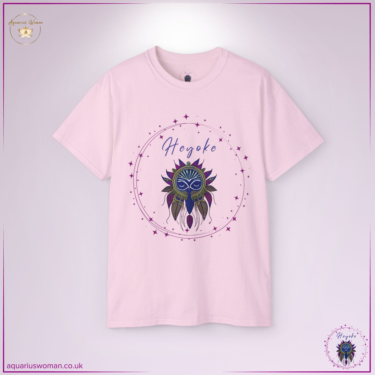The Heyoke Logo Tee in soft pink is a powerful symbol of vision and sacred wisdom. Its intricate dreamcatcher, adorned with watchful eyes and celestial energy, represents heightened intuition, the Heyoka path, and the ability to navigate unseen realms with clarity and insight.