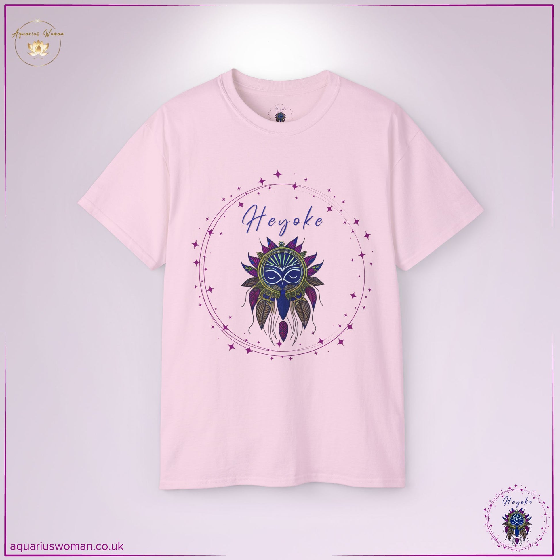 The Heyoke Logo Tee in soft pink is a powerful symbol of vision and sacred wisdom. Its intricate dreamcatcher, adorned with watchful eyes and celestial energy, represents heightened intuition, the Heyoka path, and the ability to navigate unseen realms with clarity and insight.