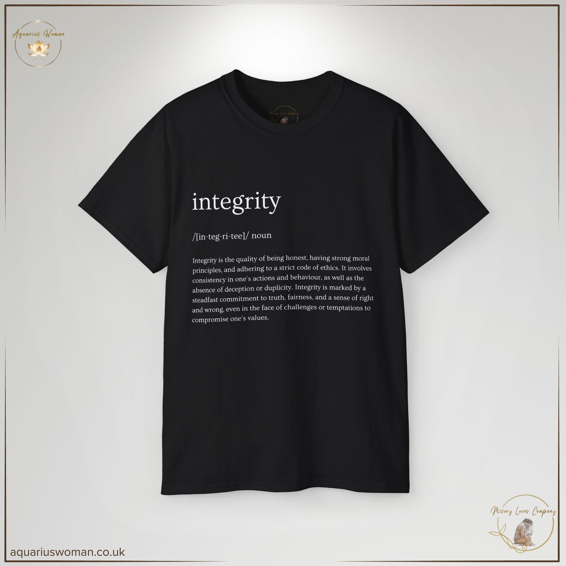 The Integrity Defined Tee in Black is a bold statement of resilience, truth, and moral strength. Featuring a clean, dictionary-style definition of 'Integrity,' this design embodies unwavering ethics and self-respect. A powerful piece from the Misery Loves Company Collection for those who refuse to compromise their values.