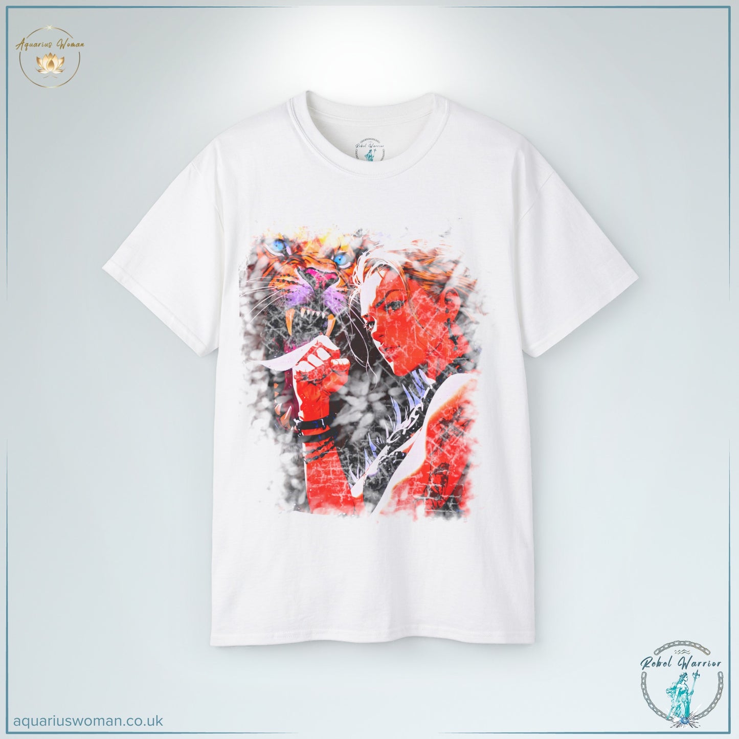 The Lionhearted Rebel Warrior Tee in White features a fierce female warrior with a roaring lion behind her, symbolising resilience, courage, and inner strength. The distressed, artistic style adds a powerful, rebellious edge for those who stand fearless in the face of adversity