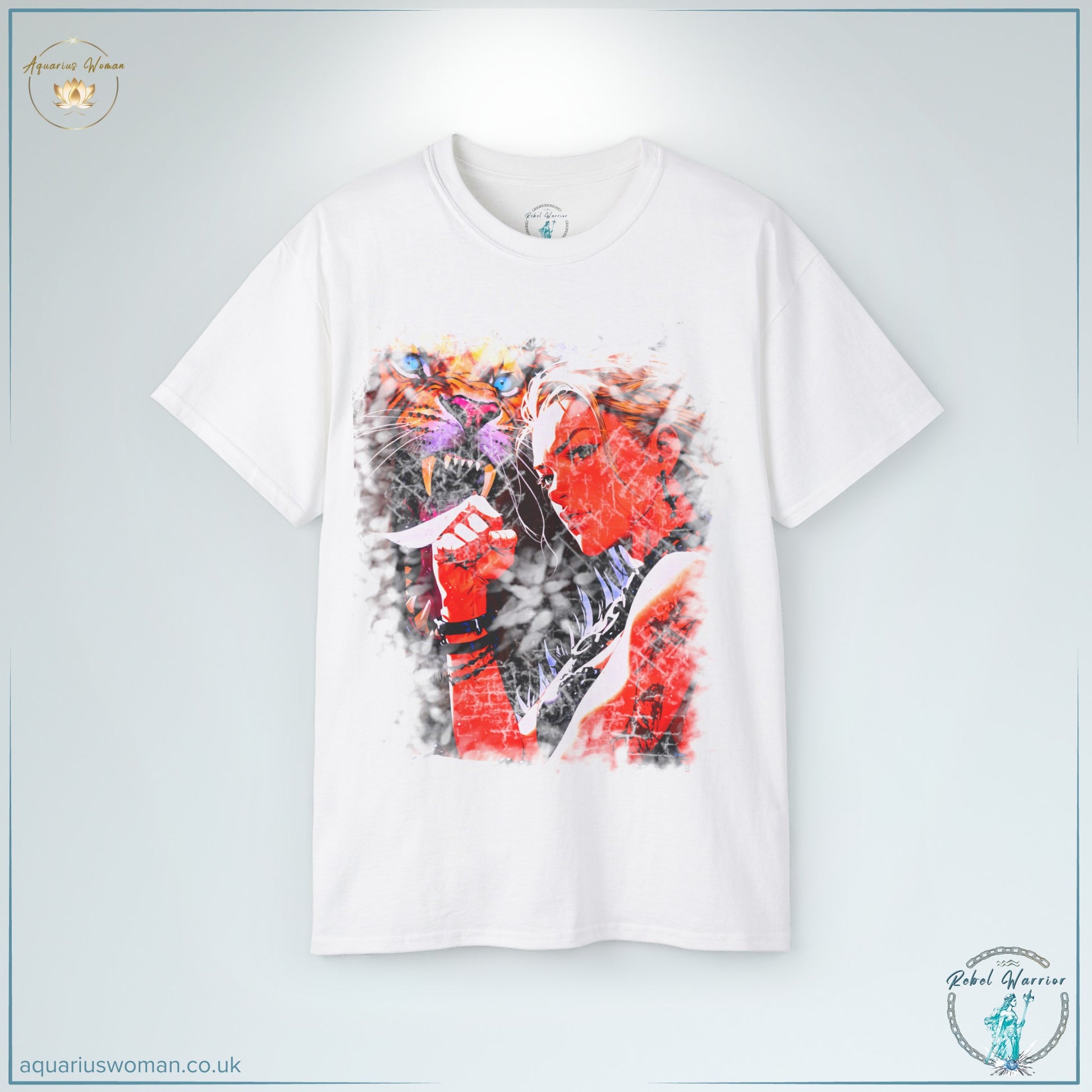 The Lionhearted Rebel Warrior Tee in White features a fierce female warrior with a roaring lion behind her, symbolising resilience, courage, and inner strength. The distressed, artistic style adds a powerful, rebellious edge for those who stand fearless in the face of adversity