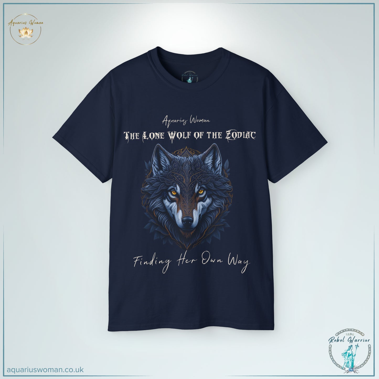 The 'Lone Wolf of the Zodiac' Tee in navy merges deep symbolism with stunning artistry. This detailed wolf design represents Aquarius’ intelligence, self-reliance, and fearless individuality, making it the perfect tee for nonconformists and leaders.