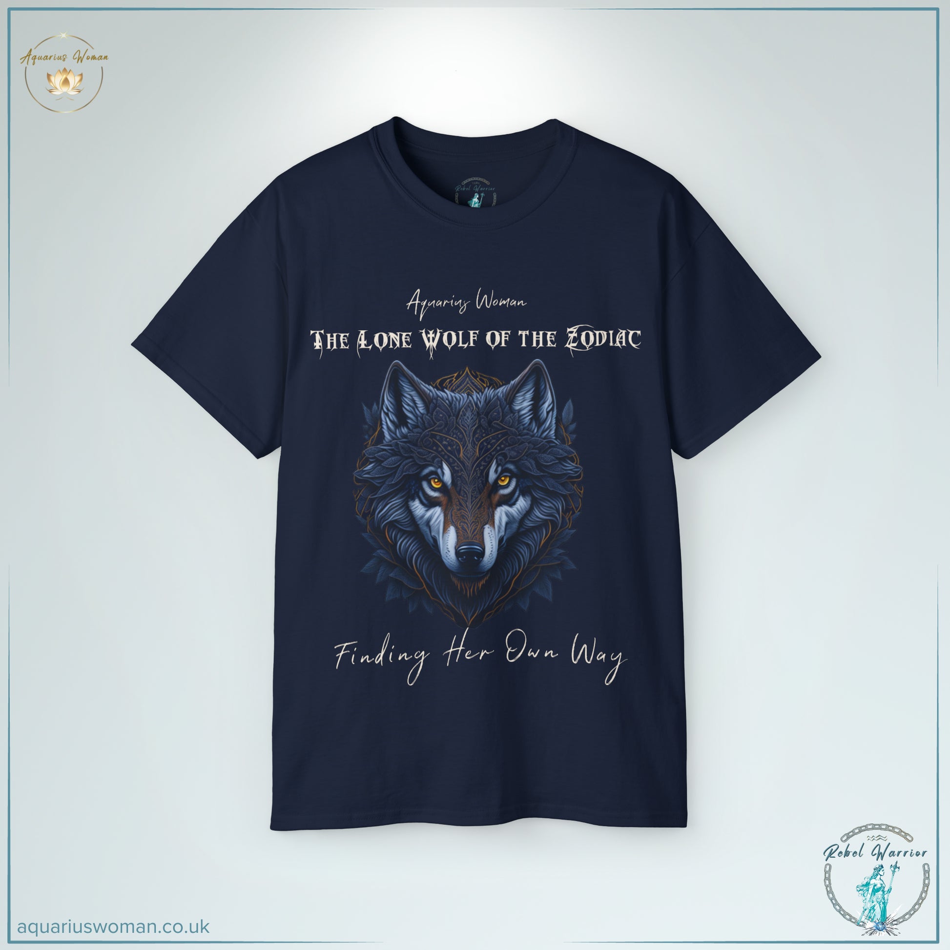 The 'Lone Wolf of the Zodiac' Tee in navy merges deep symbolism with stunning artistry. This detailed wolf design represents Aquarius’ intelligence, self-reliance, and fearless individuality, making it the perfect tee for nonconformists and leaders.