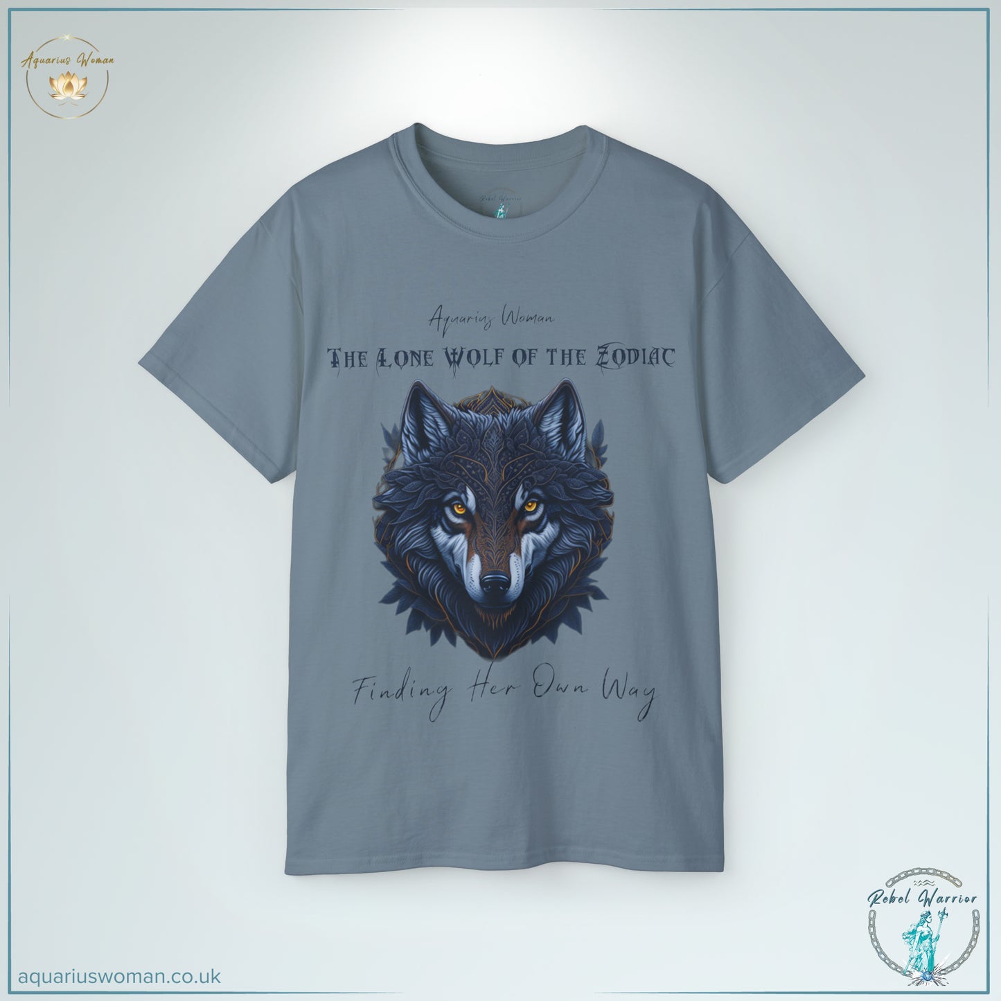 The 'Lone Wolf of the Zodiac' Tee in stone blue is a striking homage to Aquarius' unconventional nature. Featuring an ornate wolf illustration with powerful eyes, this design captures wisdom, independence, and the unwavering strength of those who dare to walk alone.